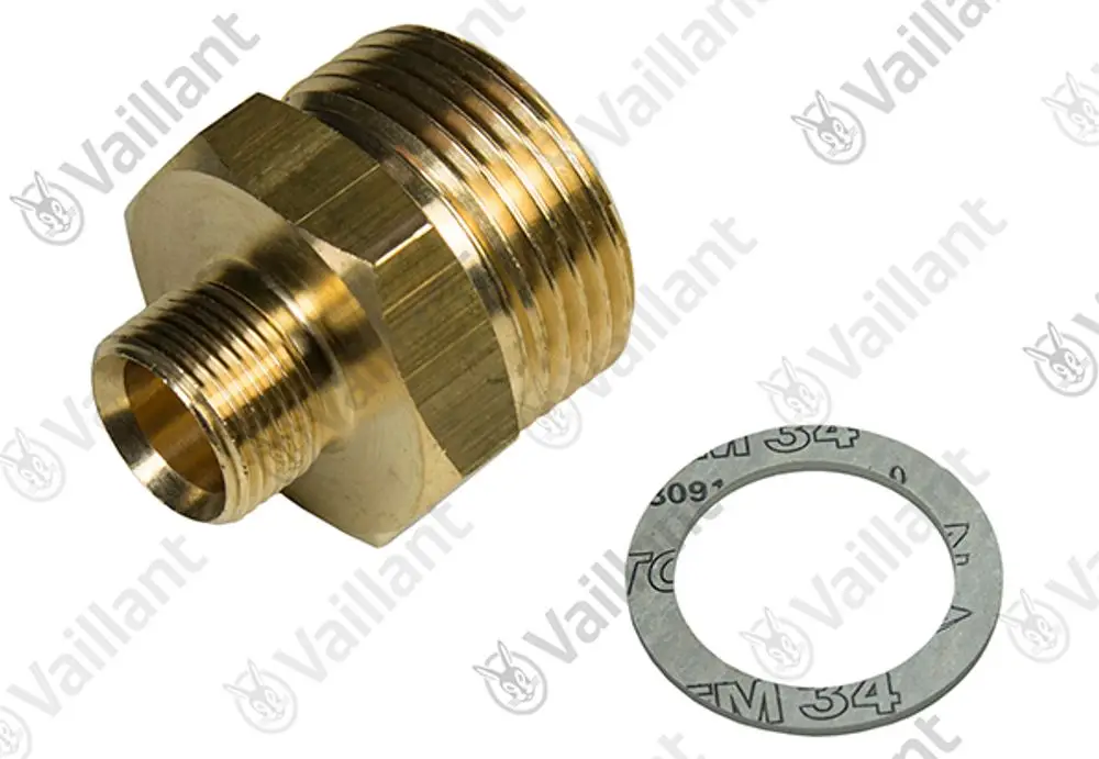 Messingadapter von Vaillant mit Außengewinde und Dichtscheibe daneben. Der Adapter hat eine hexagonale Form und ist für Rohrverbindungen geeignet.